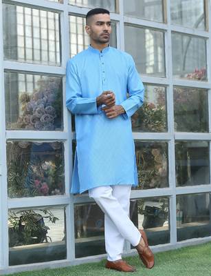 Cotton blend woven self desing sky blue kurta and pyjamas 1