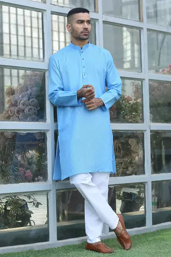 Cotton blend woven self desing sky blue kurta and pyjamas