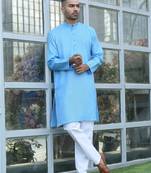 Cotton blend woven self desing sky blue kurta and pyjamas