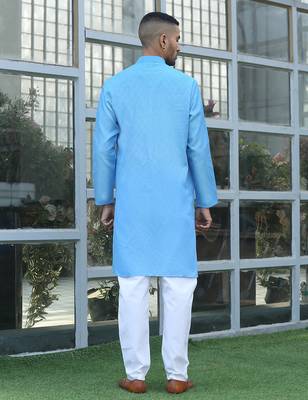 Cotton blend woven self desing sky blue kurta and pyjamas 3