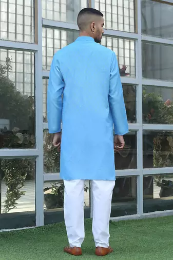 Cotton blend woven self desing sky blue kurta and pyjamas