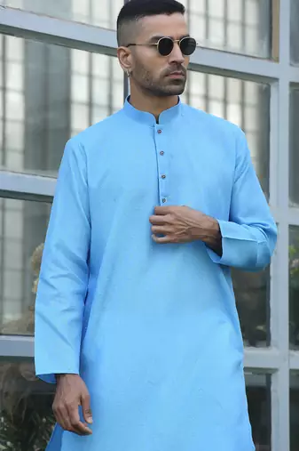Cotton blend woven self desing sky blue kurta and pyjamas