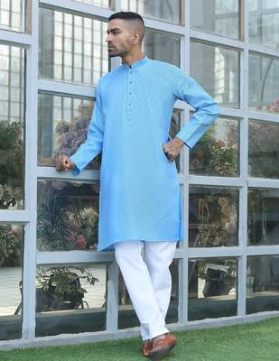 Cotton blend woven self desing sky blue kurta and pyjamas 5