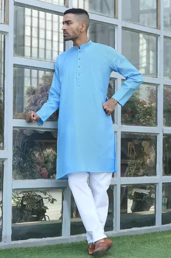 Cotton blend woven self desing sky blue kurta and pyjamas