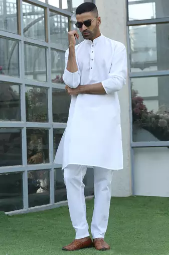 Cotton blend woven self desing white kurta and pyjamas