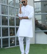 Cotton blend woven self desing white kurta and pyjamas