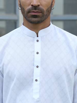 Cotton blend woven self desing white kurta and pyjamas 2