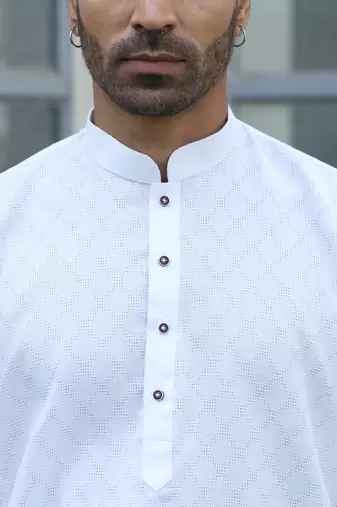 Cotton blend woven self desing white kurta and pyjamas