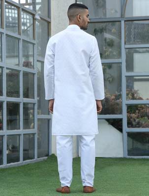 Cotton blend woven self desing white kurta and pyjamas 3