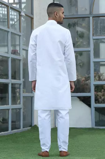 Cotton blend woven self desing white kurta and pyjamas