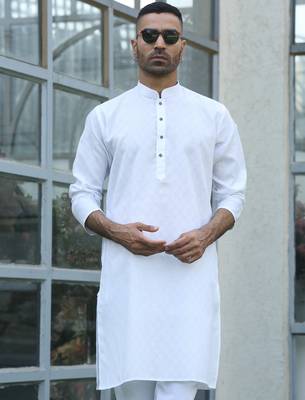 Cotton blend woven self desing white kurta and pyjamas 4