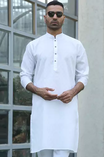 Cotton blend woven self desing white kurta and pyjamas