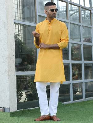 cotton blend woven yellow kurta and pyjamas 1