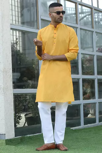 Cotton blend woven self desing yellow kurta and pyjamas