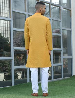 cotton blend woven yellow kurta and pyjamas 3