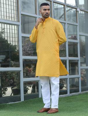 cotton blend woven yellow kurta and pyjamas 5