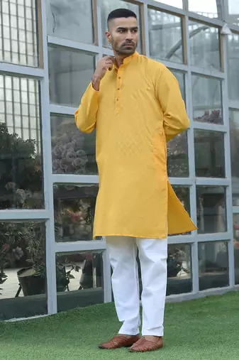 cotton blend woven yellow kurta and pyjamas