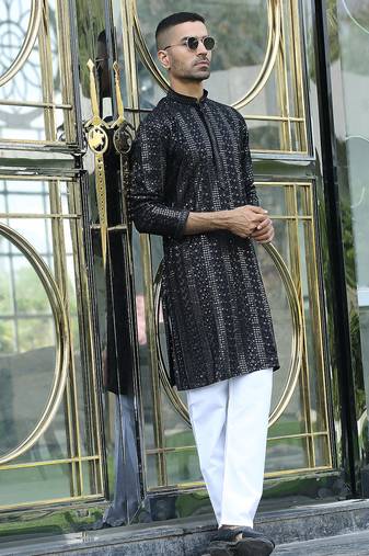 Silk rayon embroidered sequinned black kurta with elasticated pyjamas