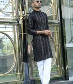 Silk rayon embroidered sequinned black kurta with elasticated pyjamas