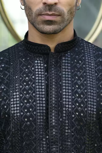 Silk rayon embroidered sequinned black kurta with elasticated pyjamas