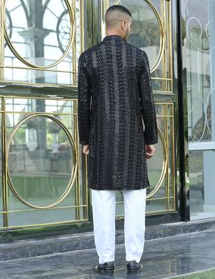 Silk rayon embroidered sequinned black kurta with elasticated pyjamas 4