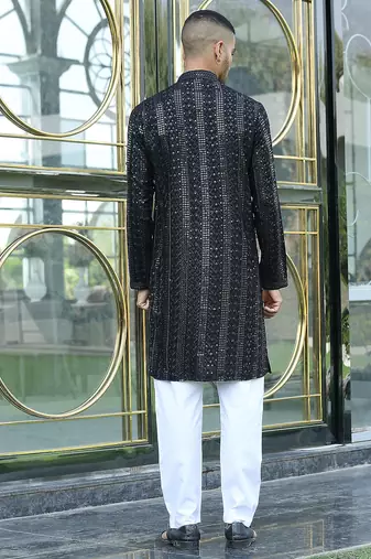 Silk rayon embroidered sequinned black kurta with elasticated pyjamas