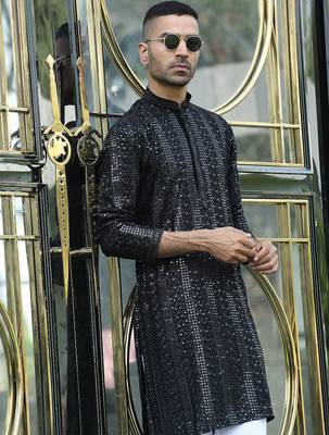 Silk rayon embroidered sequinned black kurta with elasticated pyjamas 5
