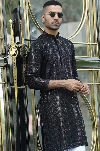 Silk rayon embroidered sequinned black kurta with elasticated pyjamas