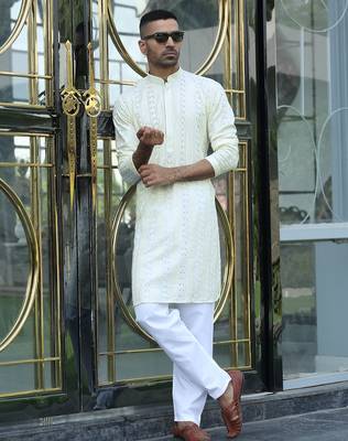 Silk rayon embroidered sequinned cream kurta with elasticated pyjamas 1