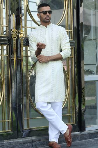 Silk rayon embroidered sequinned cream kurta with elasticated pyjamas