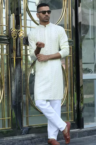Silk rayon embroidered sequinned cream kurta with elasticated pyjamas