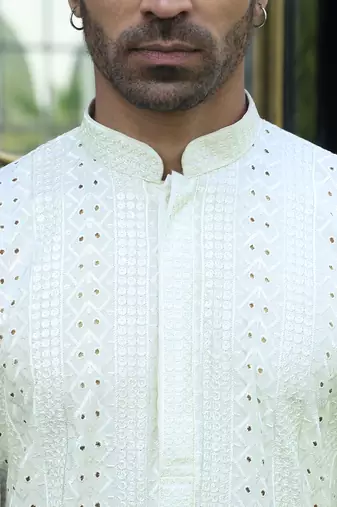 Silk rayon embroidered sequinned cream kurta with elasticated pyjamas