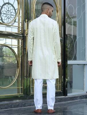 Silk rayon embroidered sequinned cream kurta with elasticated pyjamas 4