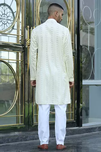 Silk rayon embroidered sequinned cream kurta with elasticated pyjamas