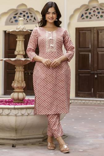 Cotton slub magic printed kurta pant embroidery neck work kurta set