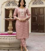 Trendmalls Cotton slub magic printed kurta pant embroidery neck work kurta set