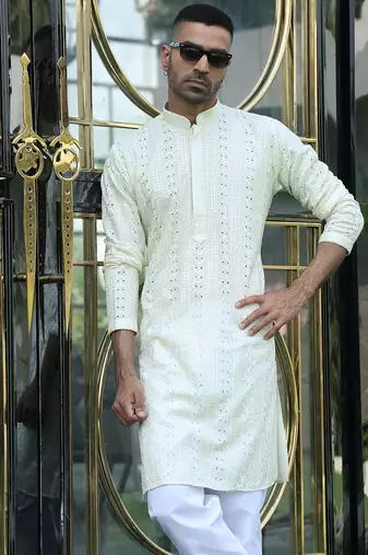 Silk rayon embroidered sequinned cream kurta with elasticated pyjamas