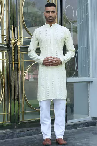Silk rayon embroidered sequinned cream kurta with elasticated pyjamas