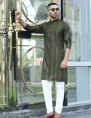 Silk rayon embroidered sequinned olive green kurta with elasticated pyjamas 1