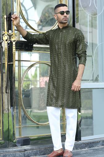 Silk rayon embroidered sequinned olive green kurta with elasticated pyjamas