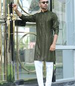 Silk rayon embroidered sequinned olive green kurta with elasticated pyjamas