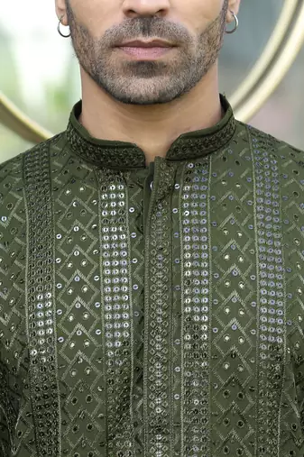 Silk rayon embroidered sequinned olive green kurta with elasticated pyjamas
