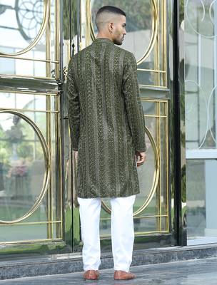 Silk rayon embroidered sequinned olive green kurta with elasticated pyjamas 3