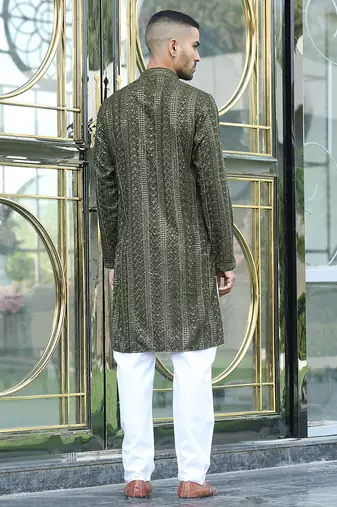 Silk rayon embroidered sequinned olive green kurta with elasticated pyjamas