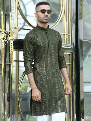 Silk rayon embroidered sequinned olive green kurta with elasticated pyjamas 4
