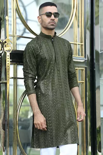 Silk rayon embroidered sequinned olive green kurta with elasticated pyjamas