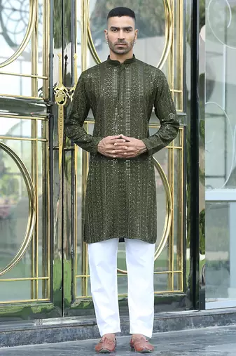 Silk rayon embroidered sequinned olive green kurta with elasticated pyjamas