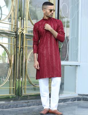 Silk rayon embroidered sequinned maroon kurta with elasticated pyjamas 1