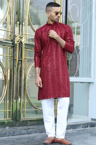 Silk rayon embroidered sequinned maroon kurta with elasticated pyjamas