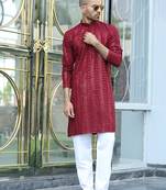 Silk rayon embroidered sequinned maroon kurta with elasticated pyjamas